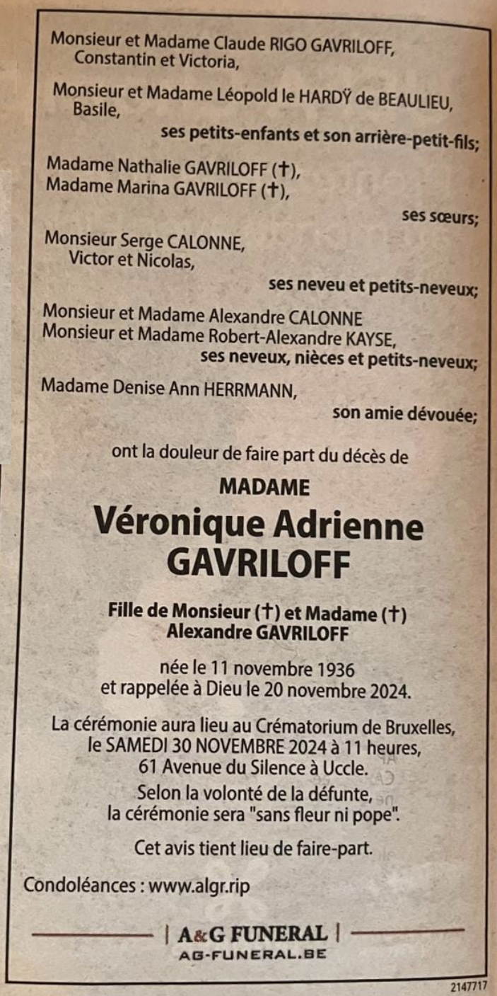 Faire-part. Véronique Adrienne GAVRILOFF nous a quittés ce 20 novembre 2024, à l|âge de 88 ans. 2024-11-30